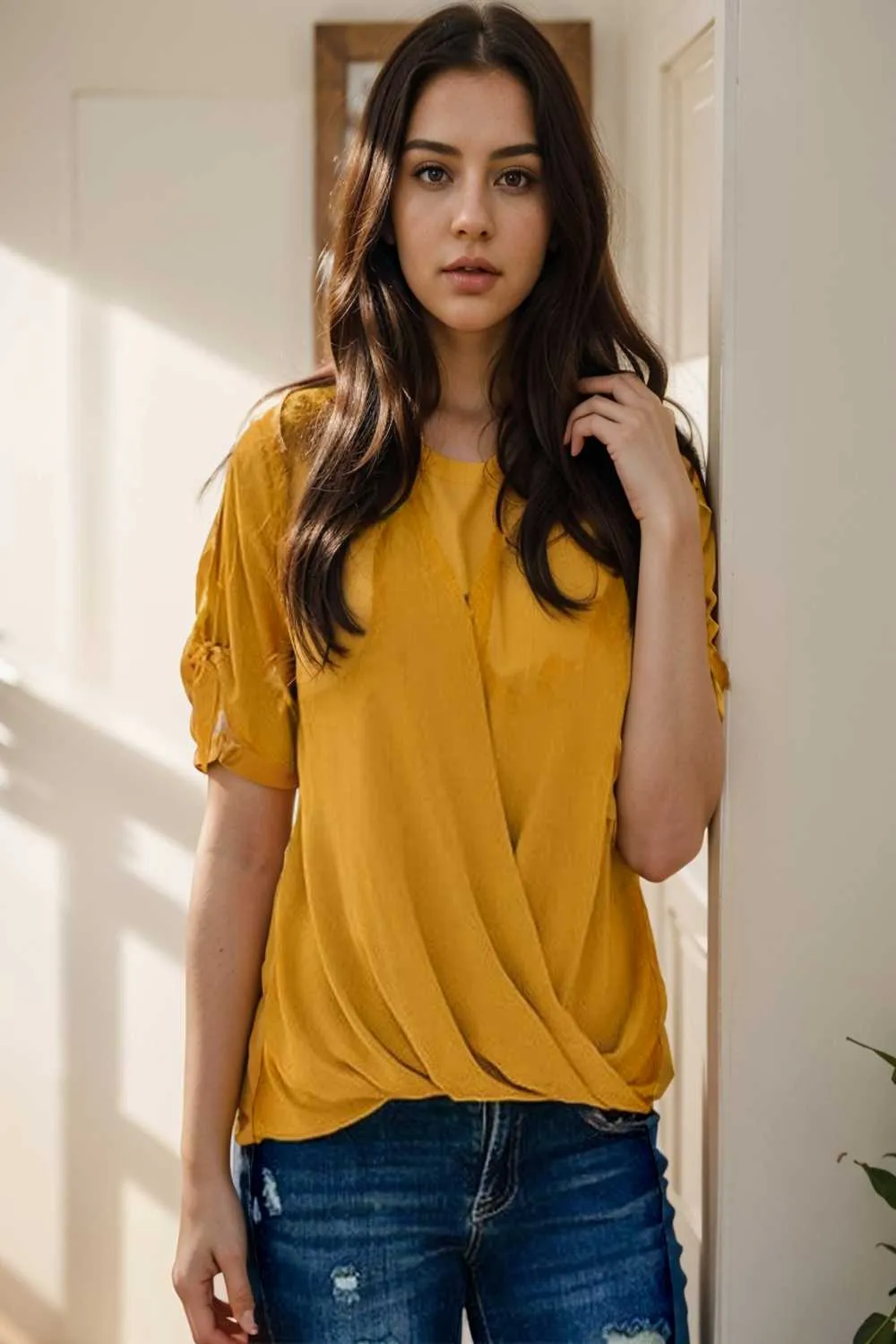 women s blouses loose solid belted long sleeve blouse