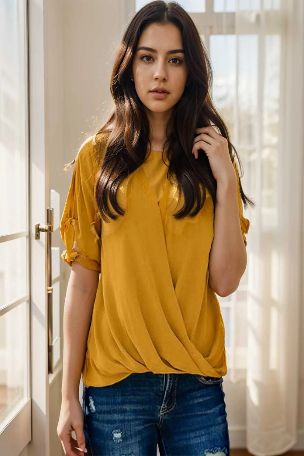 women s blouses loose solid belted long sleeve blouse