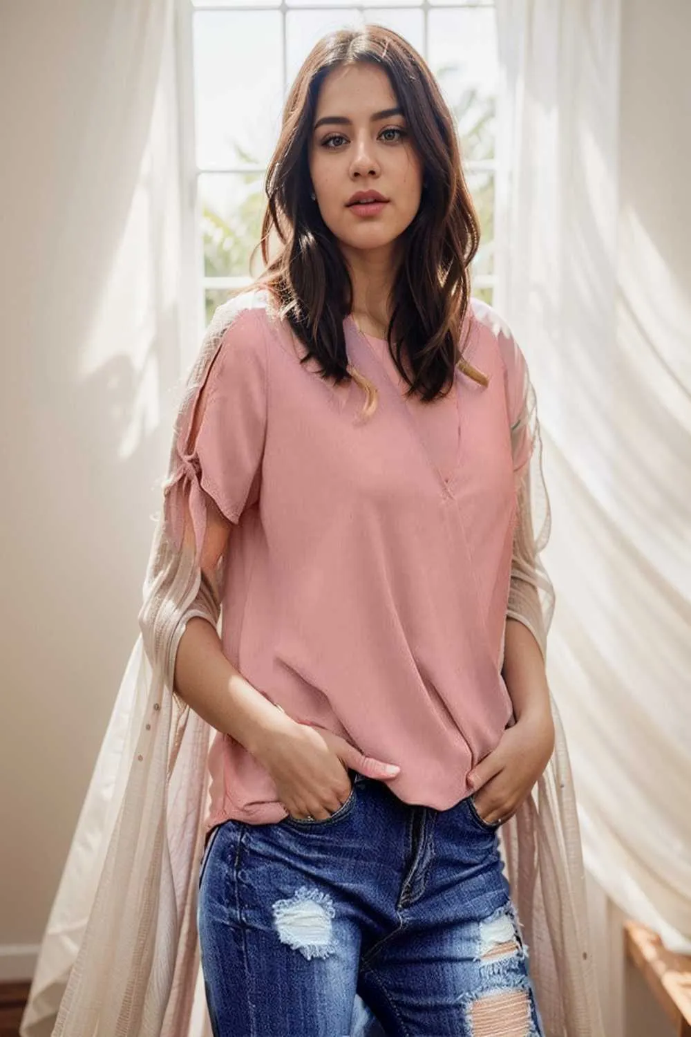 women s blouses loose solid belted long sleeve blouse