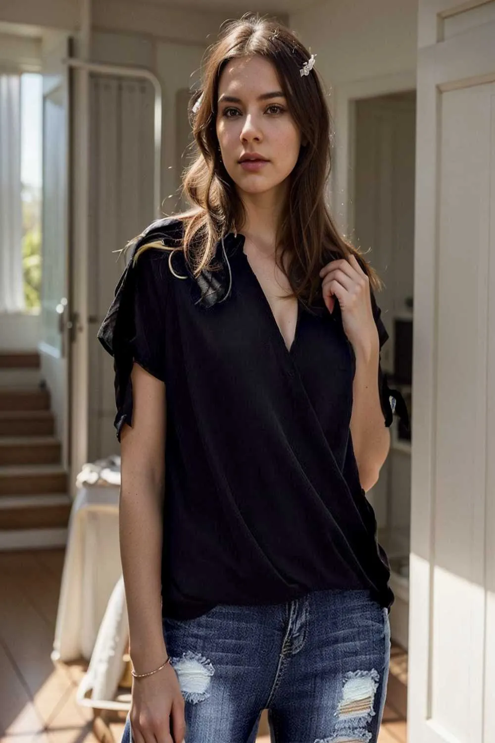 women s blouses loose solid belted long sleeve blouse