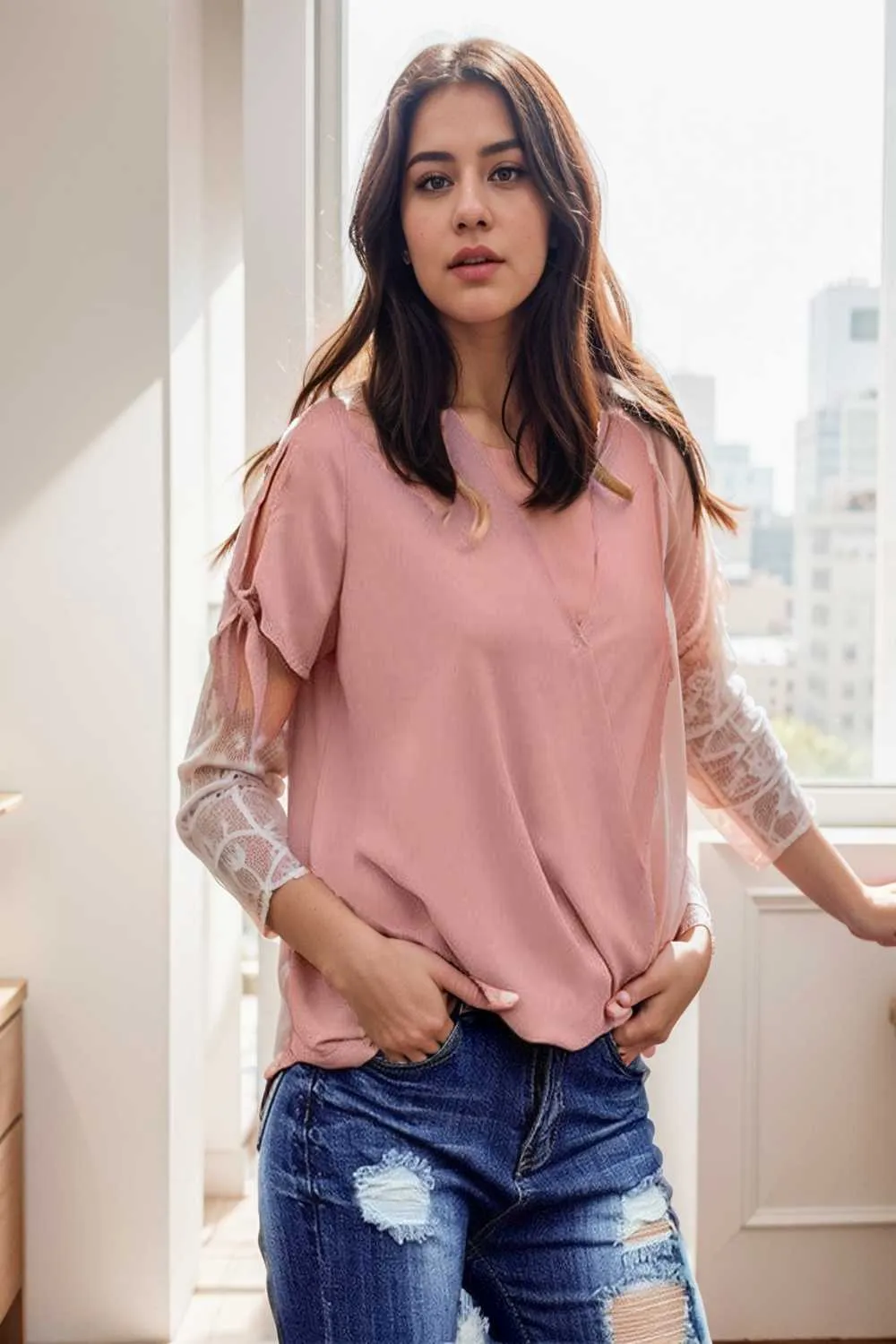 women s blouses loose solid belted long sleeve blouse