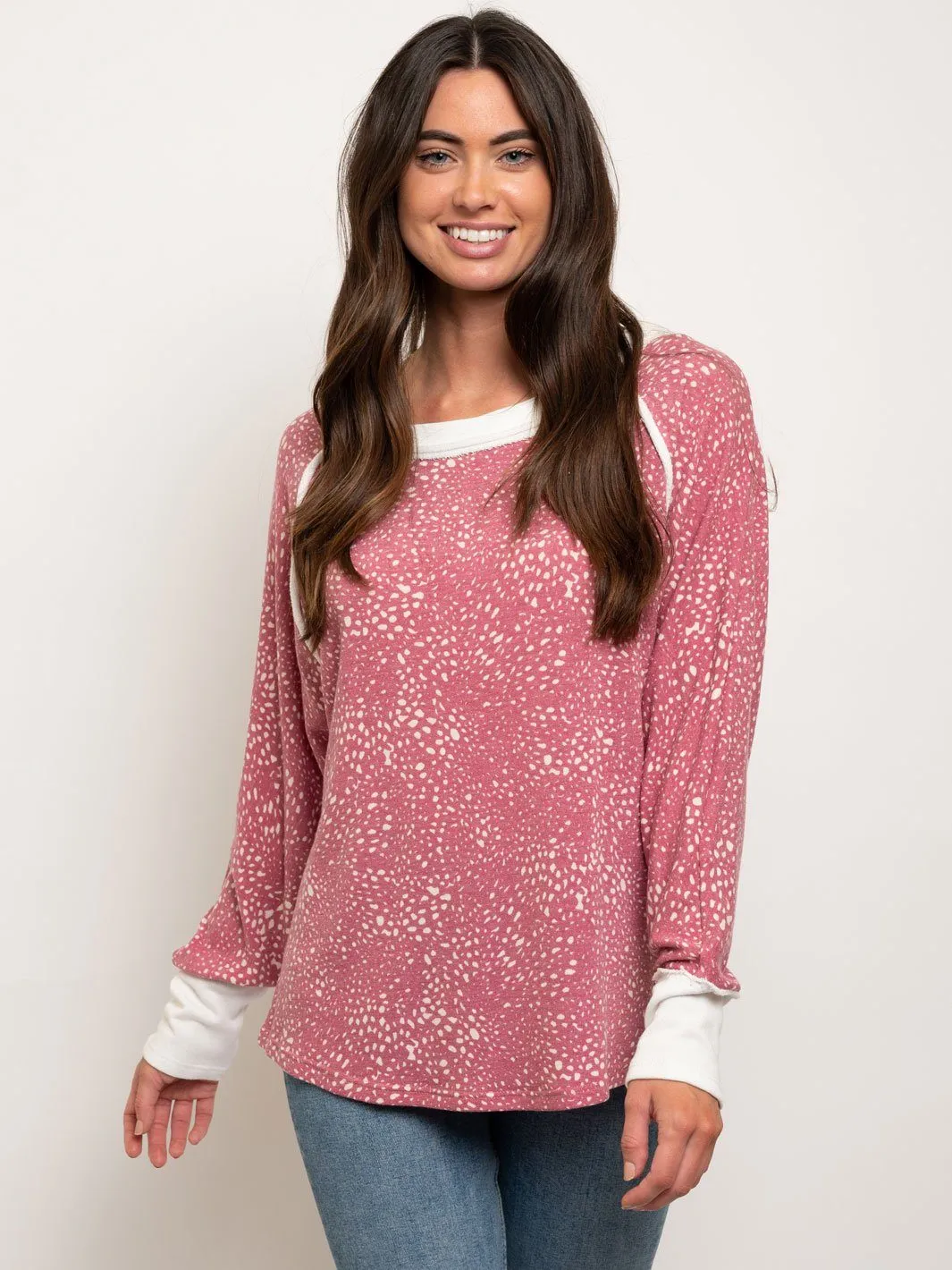 WOMEN'S 2 TONE PRINT DETAIL LONG SLEEVE TOP