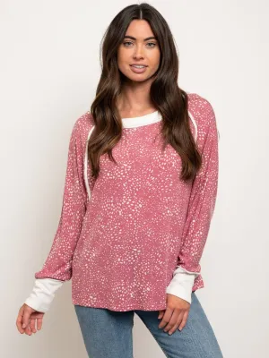 WOMEN'S 2 TONE PRINT DETAIL LONG SLEEVE TOP