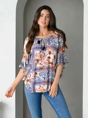 WOMEN'S 3/4 FLARE SLEEVE MULTI PRINT TOP