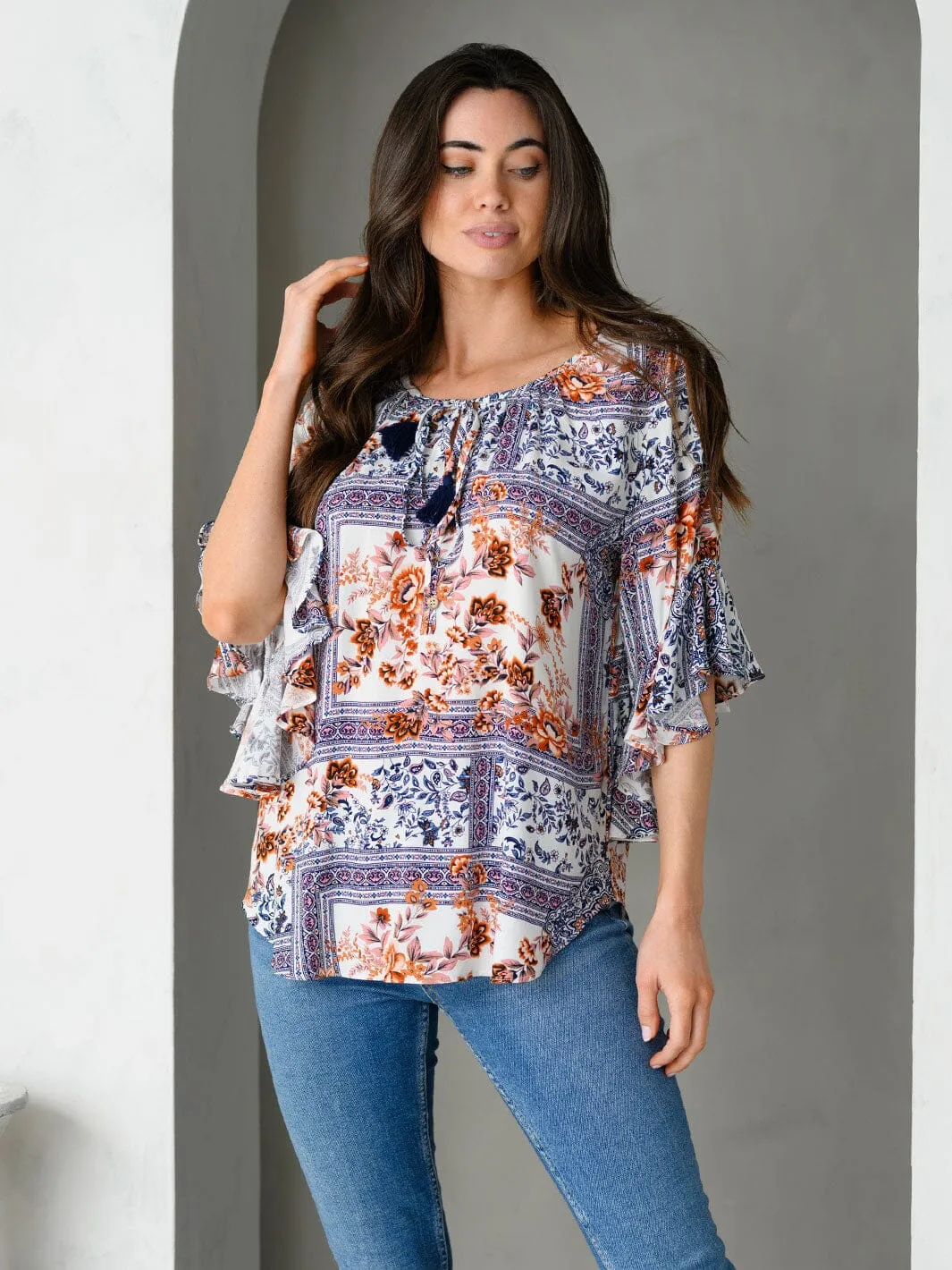 WOMEN'S 3/4 FLARE SLEEVE MULTI PRINT TOP