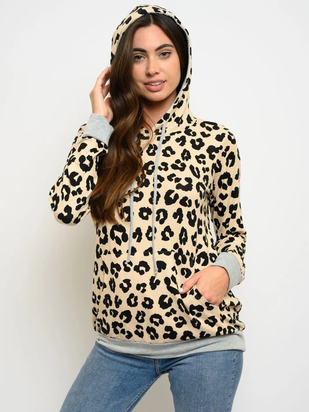 WOMEN'S ANIMAL PRINT LONG SLEEVE HOODIE TOP