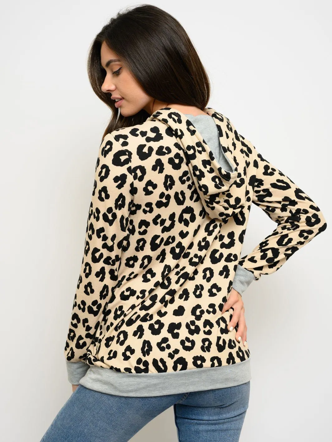 WOMEN'S ANIMAL PRINT LONG SLEEVE HOODIE TOP