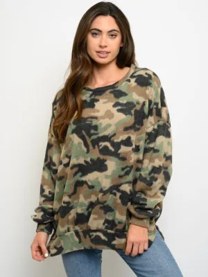 WOMEN'S BRUSHED CAMO PRINT LONG SLEEVE TOP