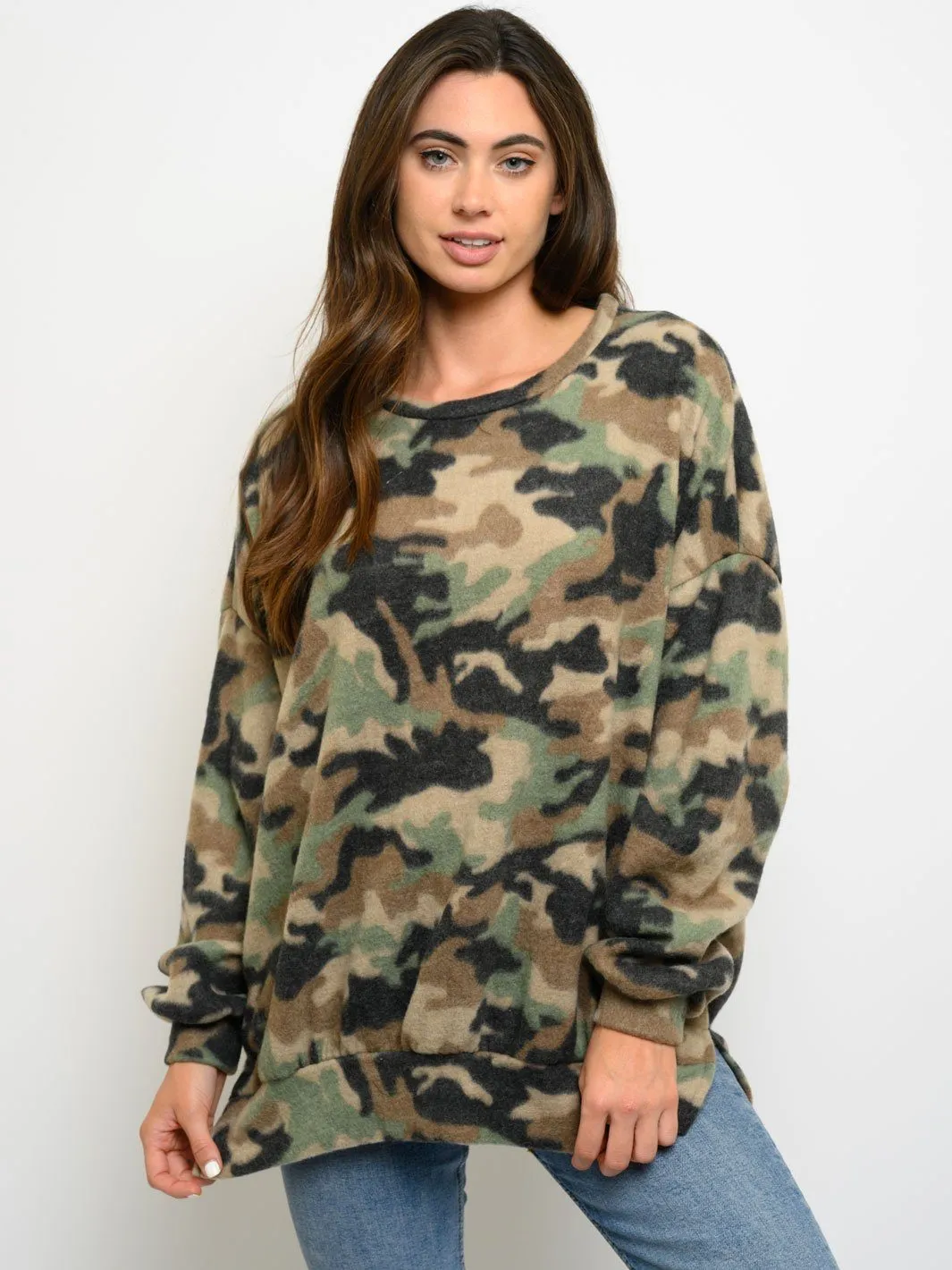 WOMEN'S BRUSHED CAMO PRINT LONG SLEEVE TOP