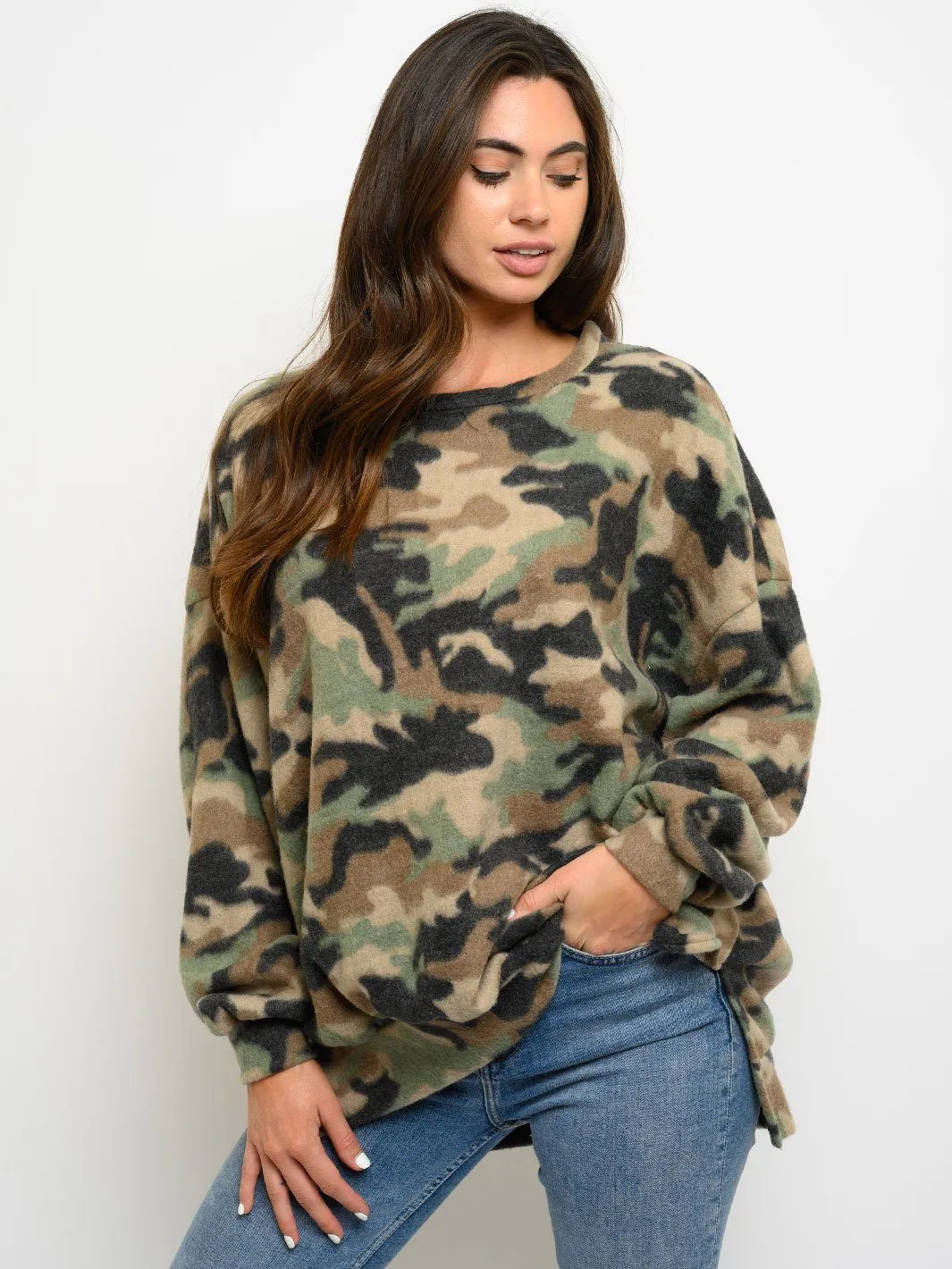 WOMEN'S BRUSHED CAMO PRINT LONG SLEEVE TOP