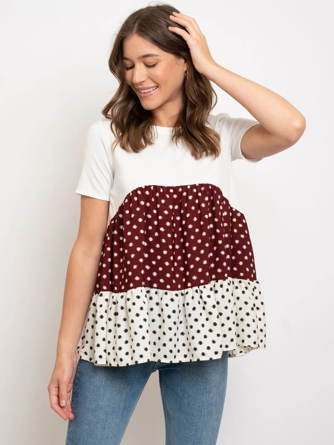 WOMEN'S COLOR BLOCK POLKA DOTS TOP