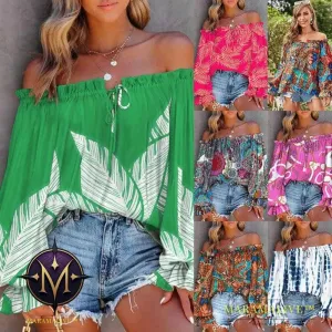 Women's Fashion Collar Strapless Long Sleeve Printed Shirt