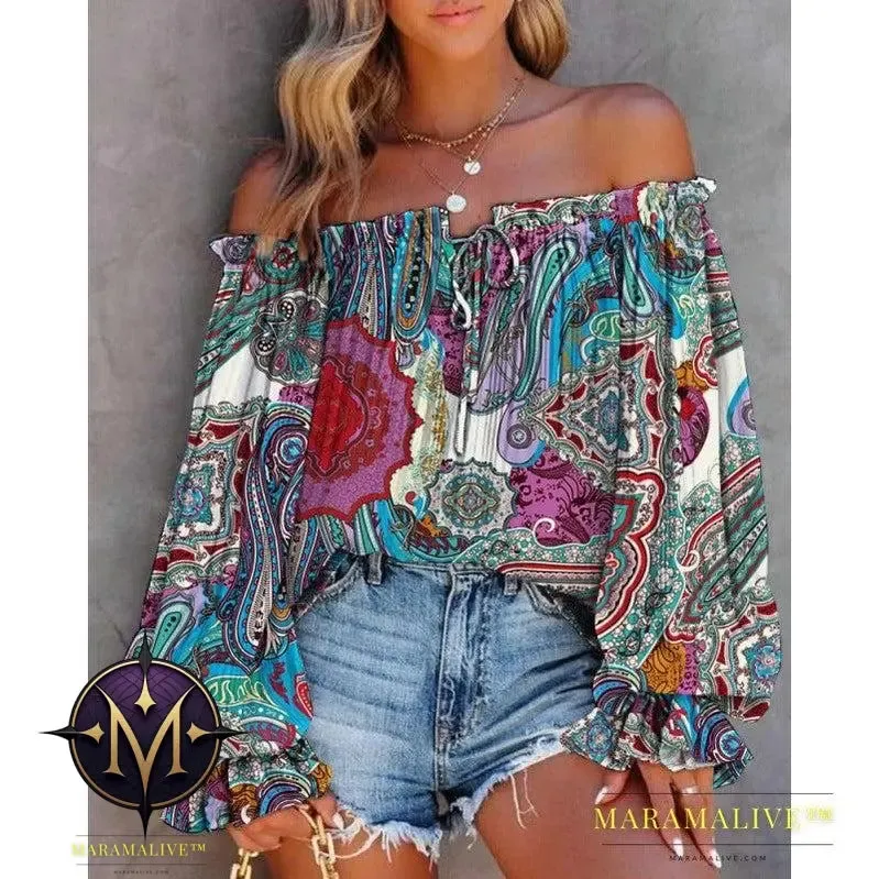 Women's Fashion Collar Strapless Long Sleeve Printed Shirt