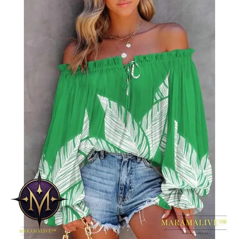 Women's Fashion Collar Strapless Long Sleeve Printed Shirt