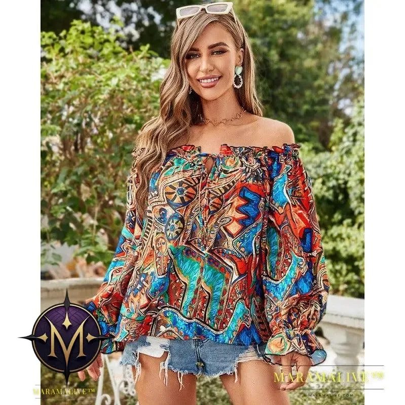Women's Fashion Collar Strapless Long Sleeve Printed Shirt