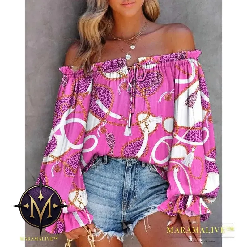 Women's Fashion Collar Strapless Long Sleeve Printed Shirt