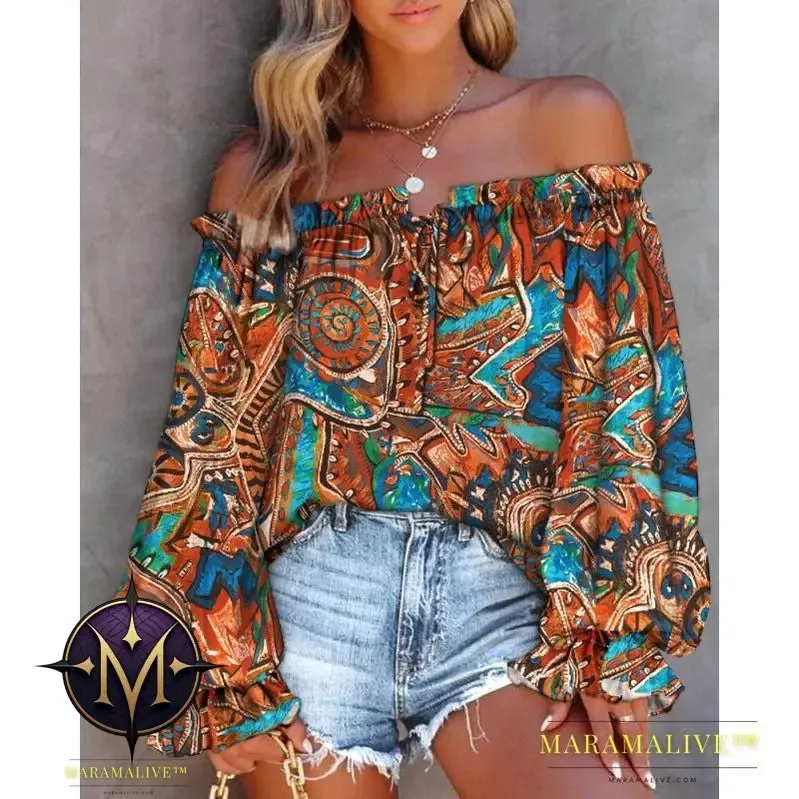 Women's Fashion Collar Strapless Long Sleeve Printed Shirt