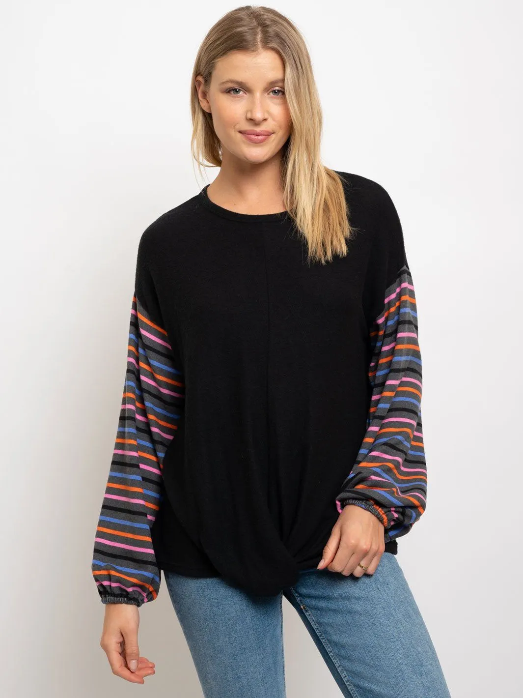 WOMEN'S FRONT TWIST  STRIPE SLEEVES TOP