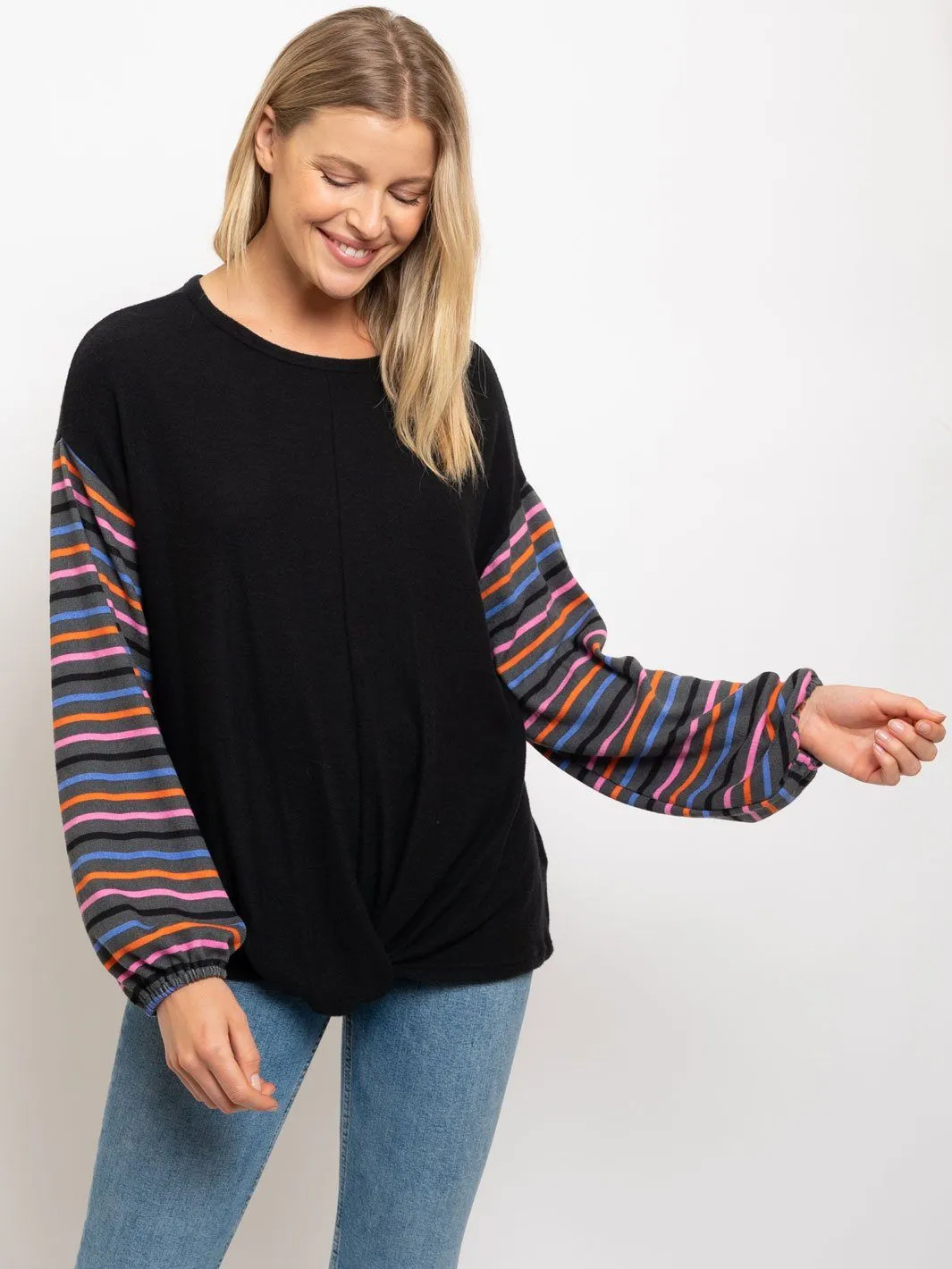 WOMEN'S FRONT TWIST  STRIPE SLEEVES TOP