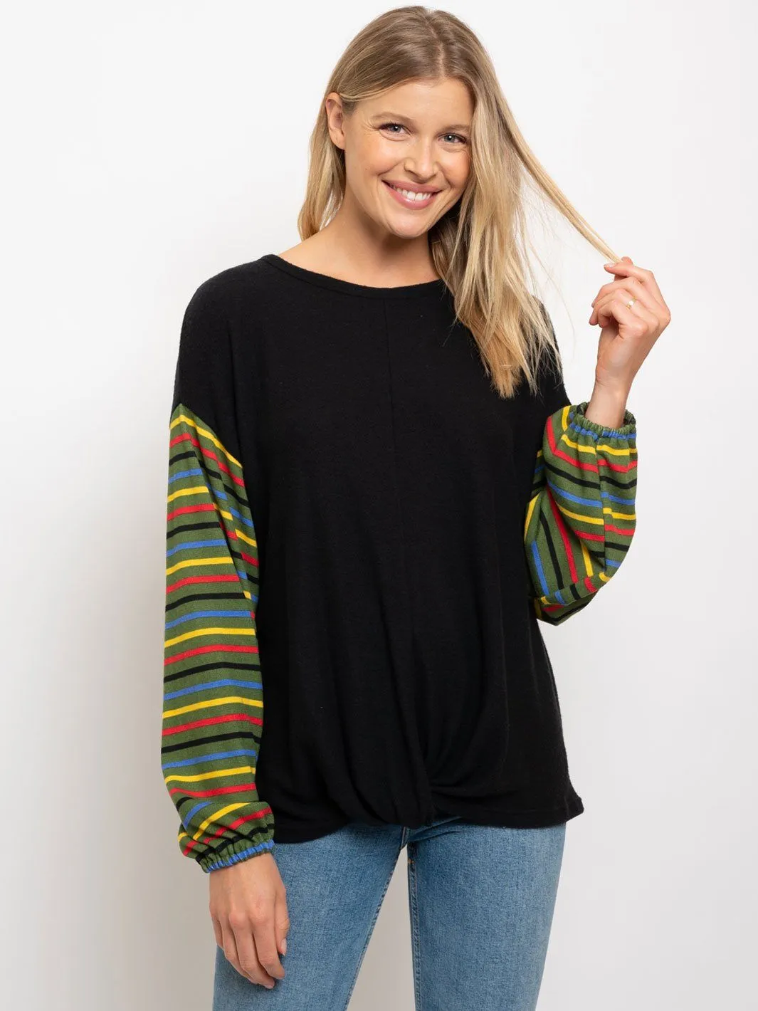 WOMEN'S FRONT TWIST  STRIPE SLEEVES TOP