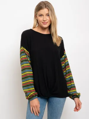 WOMEN'S FRONT TWIST  STRIPE SLEEVES TOP