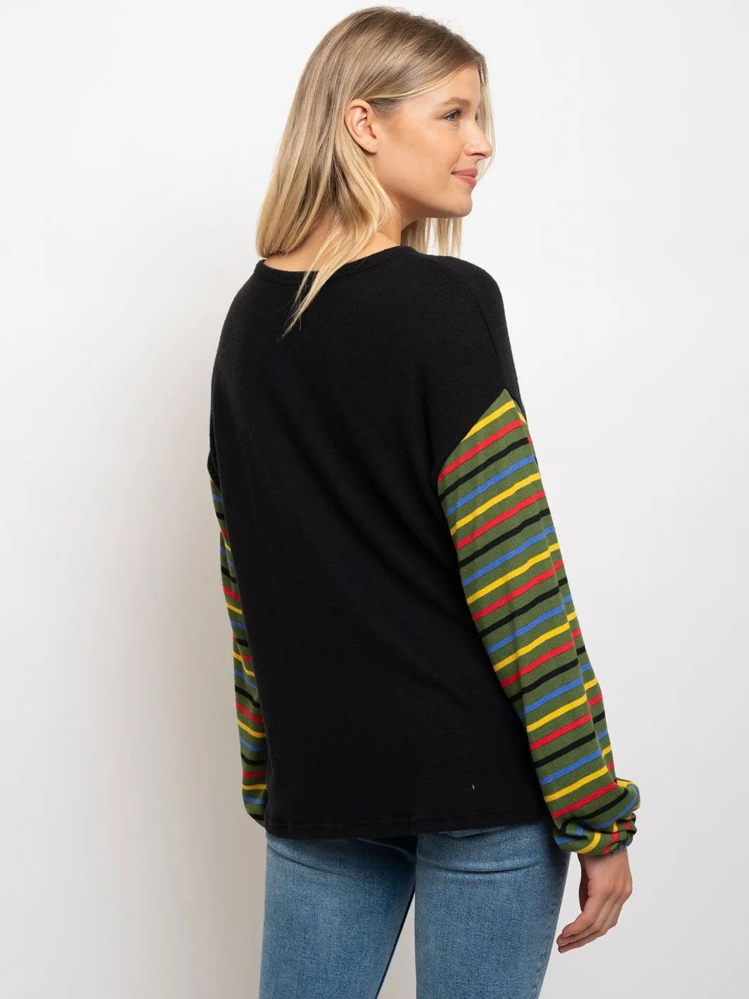 WOMEN'S FRONT TWIST  STRIPE SLEEVES TOP