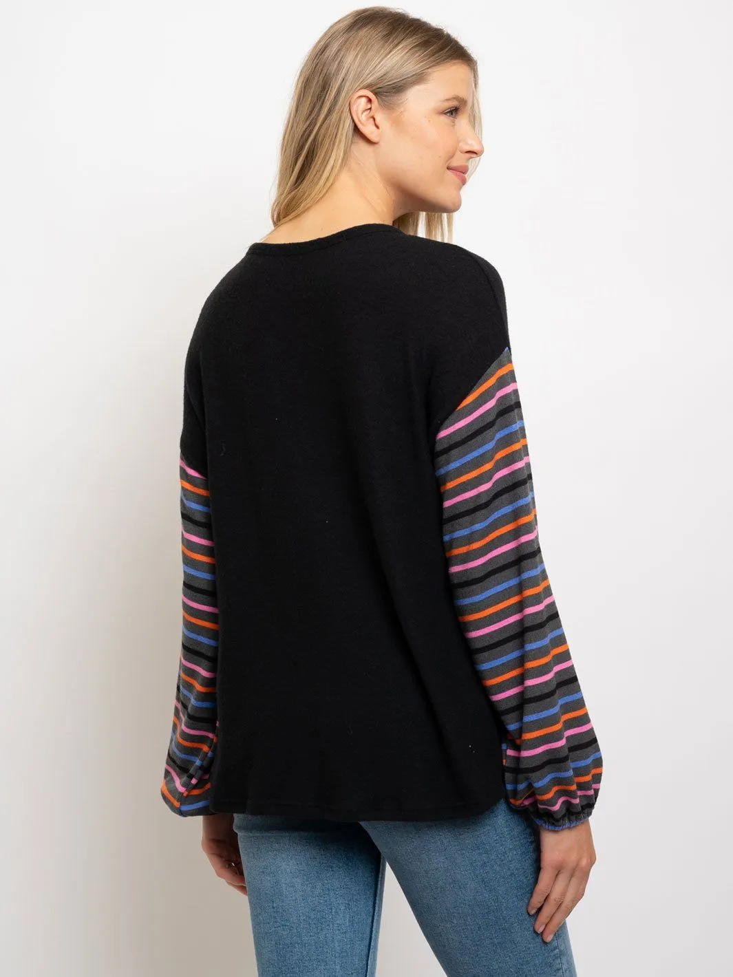 WOMEN'S FRONT TWIST  STRIPE SLEEVES TOP
