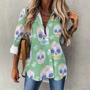 Women's Green Sugar Skulls Long Sleeve Blouse