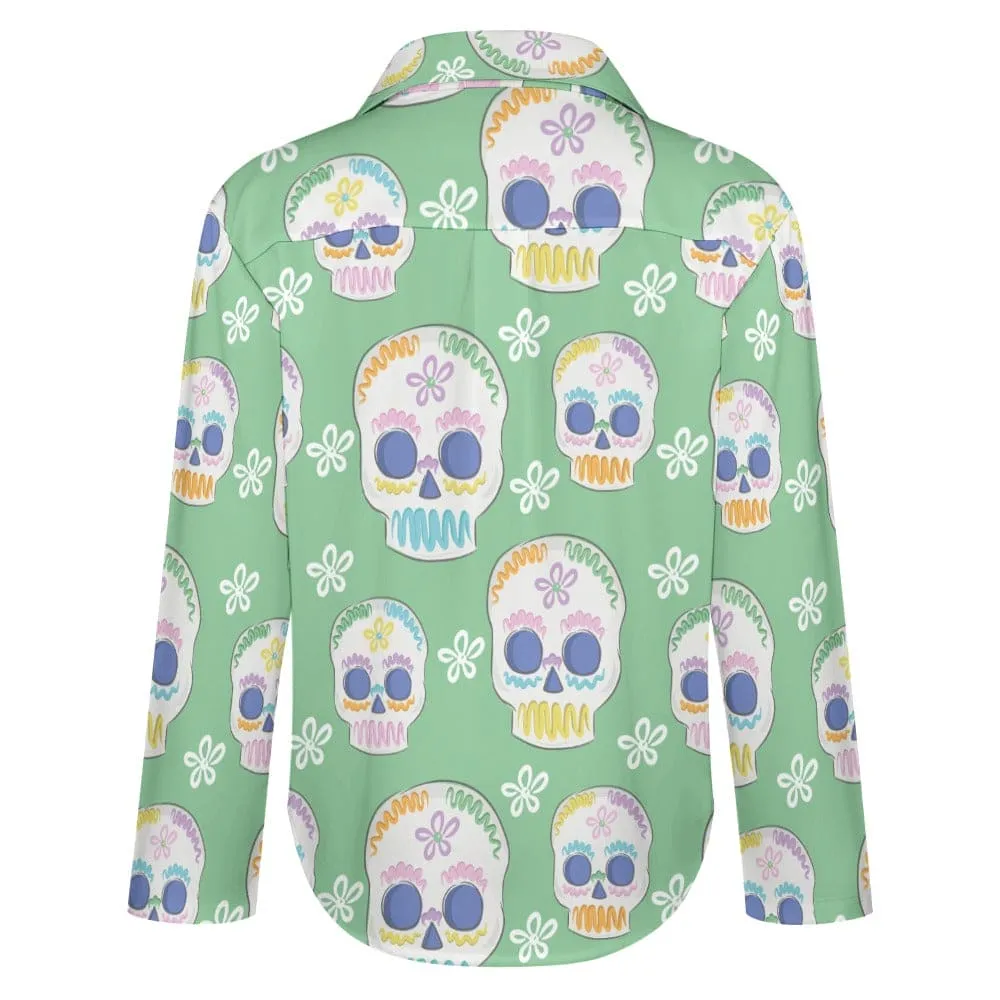 Women's Green Sugar Skulls Long Sleeve Blouse