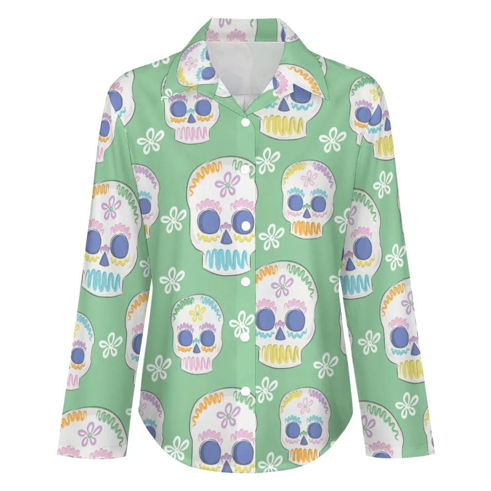 Women's Green Sugar Skulls Long Sleeve Blouse