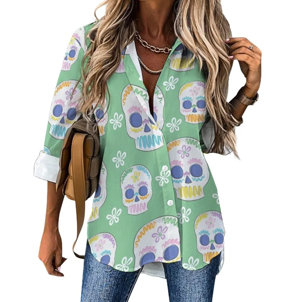 Women's Green Sugar Skulls Long Sleeve Blouse
