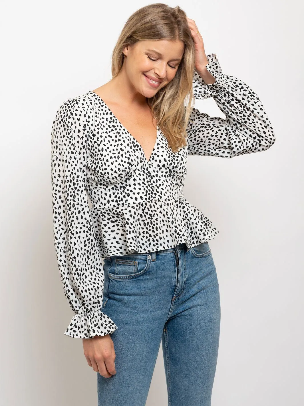 WOMEN'S LEOPARD PRINT V-NECK LONG SLEEVE TOP
