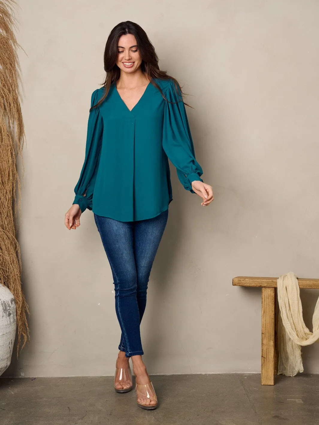 WOMEN'S LONG BALLON SLEEVE V-NECK BLOUSE TOP
