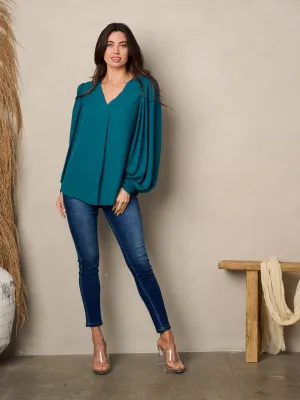 WOMEN'S LONG BALLON SLEEVE V-NECK BLOUSE TOP