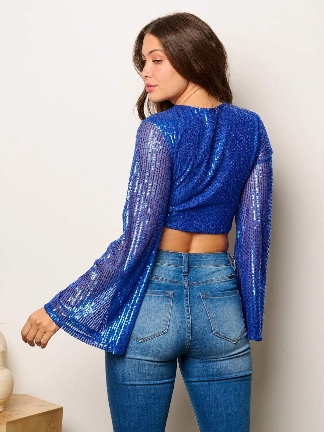 WOMEN'S LONG BELL SLEEVE FRONT TIE SEQUINS CROP TOP