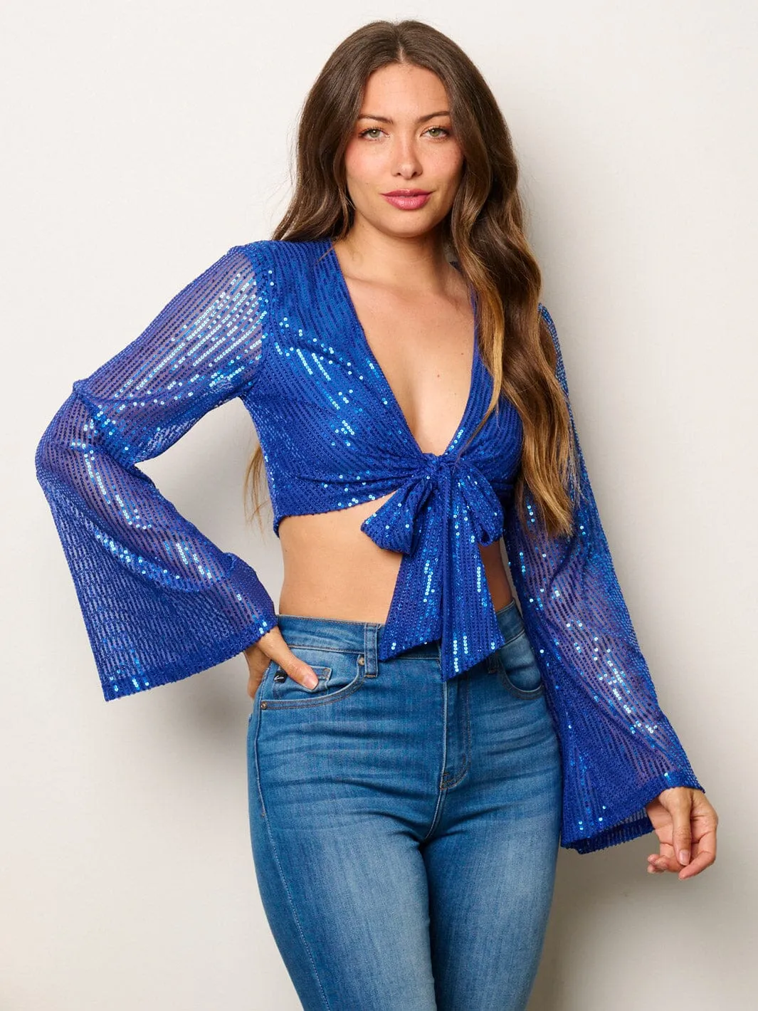 WOMEN'S LONG BELL SLEEVE FRONT TIE SEQUINS CROP TOP