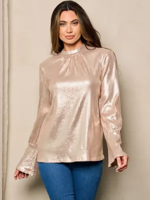 WOMEN'S LONG BELL SLEEVE MOCK NECK SEQUINS BLOUSE TOP