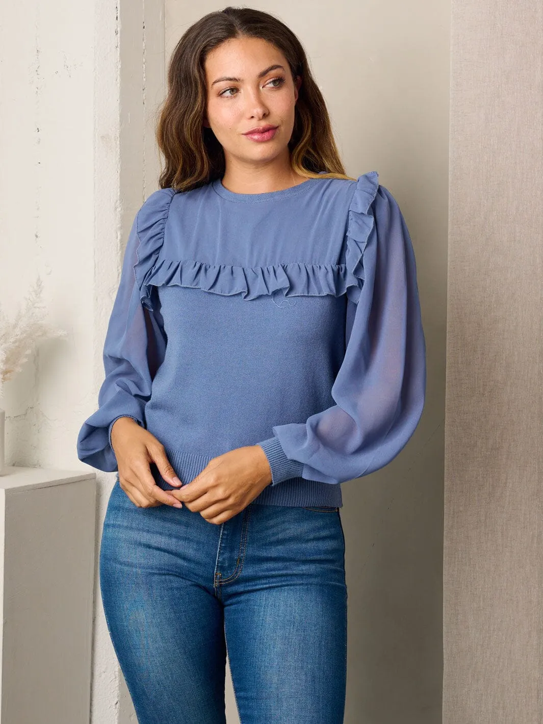 WOMEN'S LONG MESH SLEEVE RUFFLE BLOUSE TOP