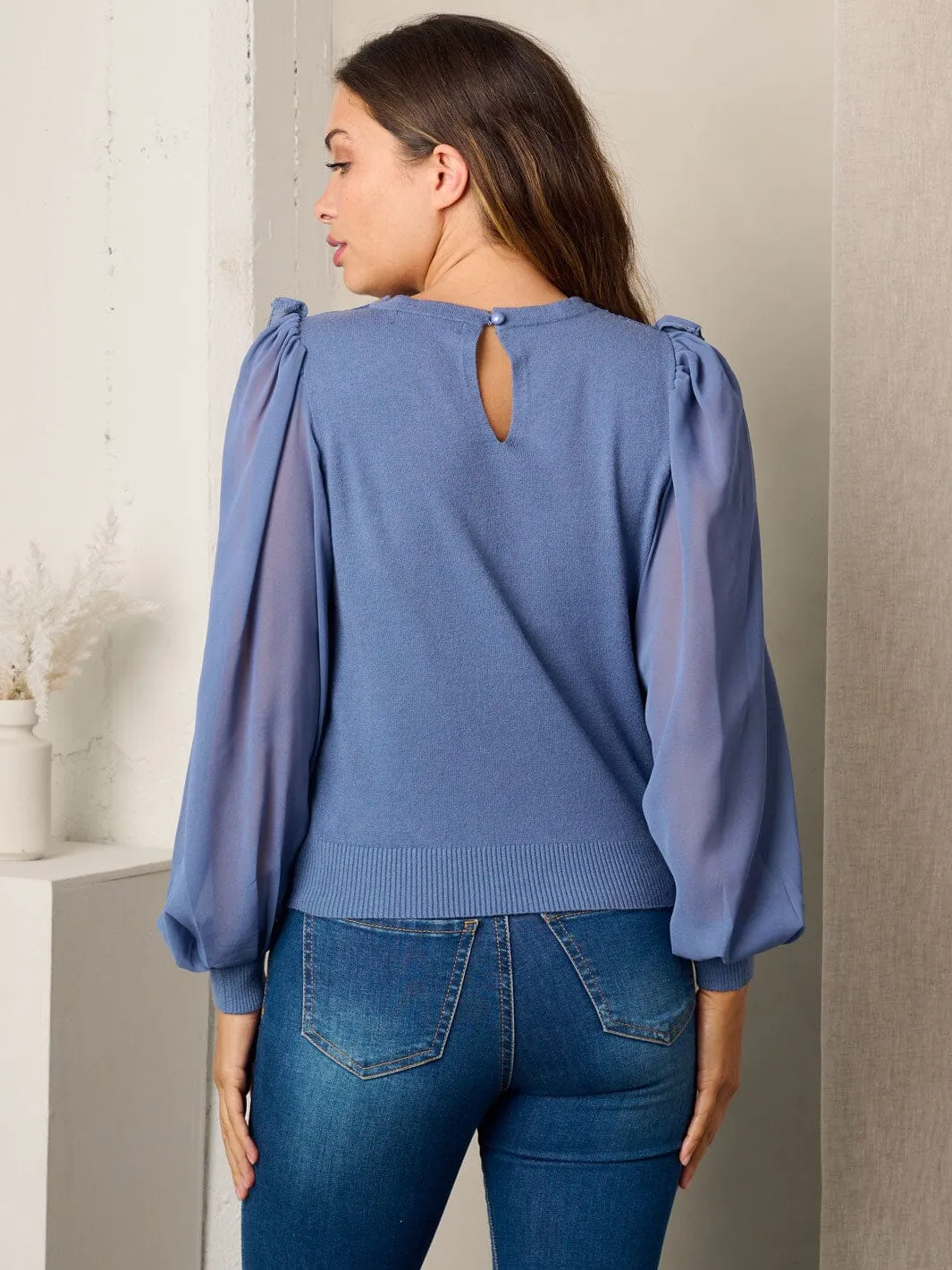 WOMEN'S LONG MESH SLEEVE RUFFLE BLOUSE TOP