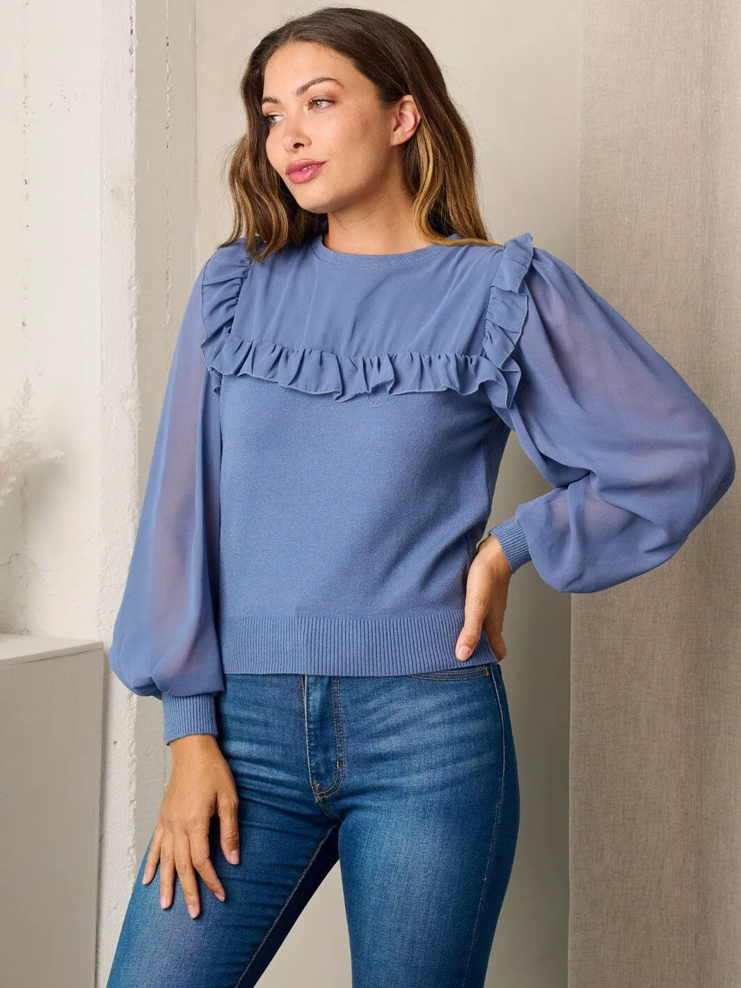 WOMEN'S LONG MESH SLEEVE RUFFLE BLOUSE TOP