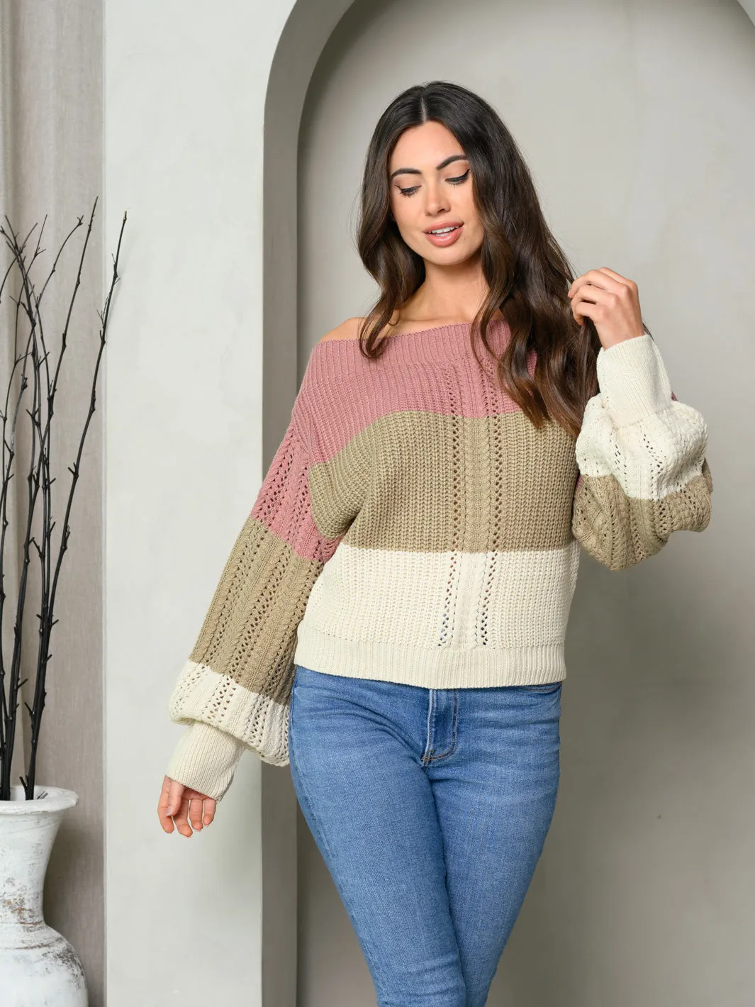 WOMEN'S LONG PUFF SLEEVE COLORBLOCK SWEATER TOP