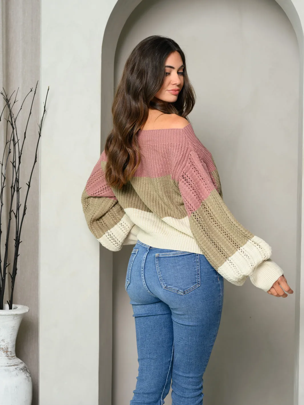 WOMEN'S LONG PUFF SLEEVE COLORBLOCK SWEATER TOP