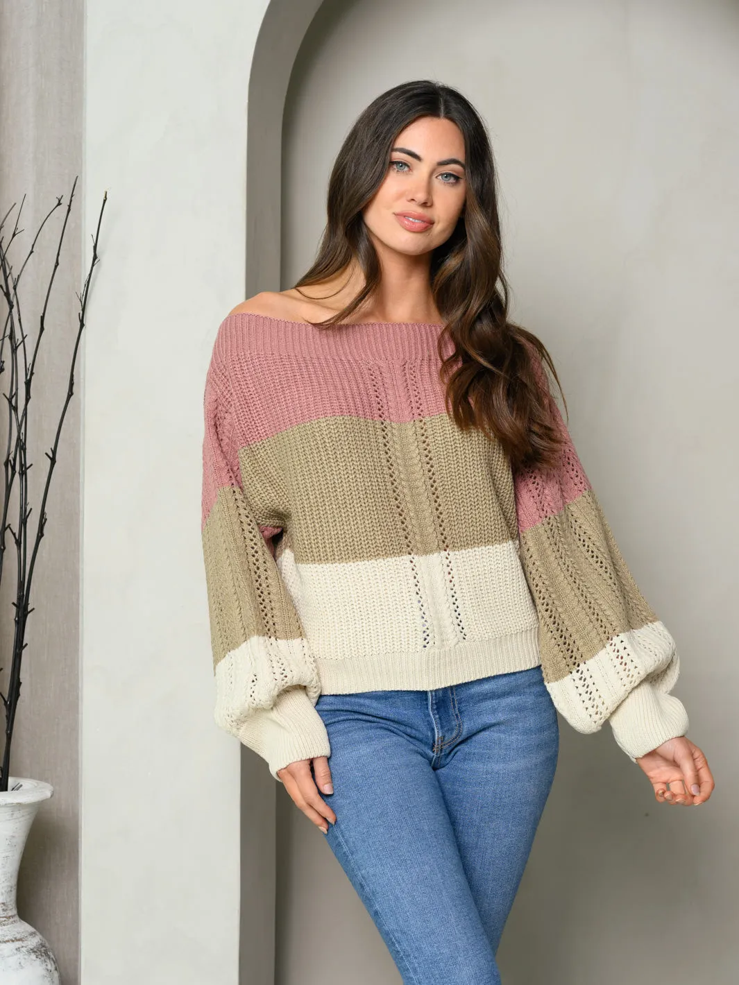 WOMEN'S LONG PUFF SLEEVE COLORBLOCK SWEATER TOP