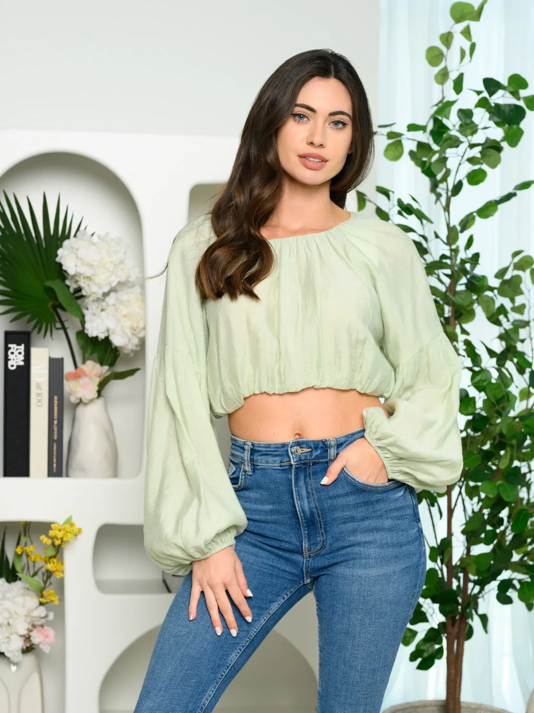 WOMEN'S LONG PUFF SLEEVE CROP TOP