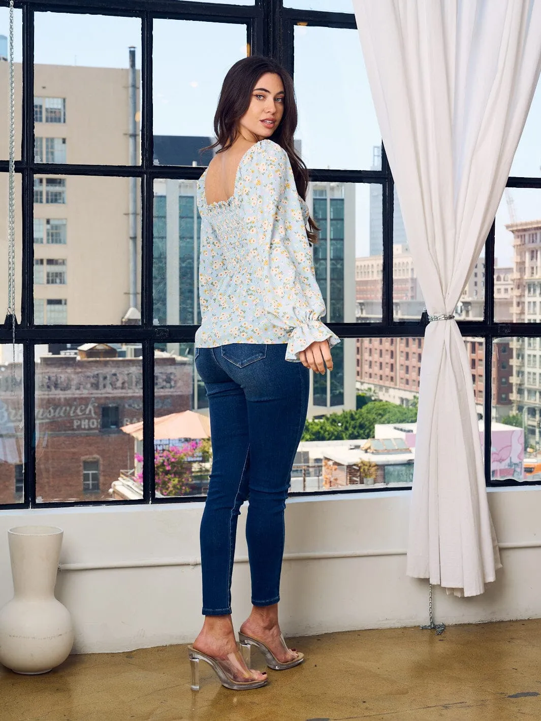 WOMEN'S LONG PUFF SLEEVE SQUARE NECK SMOCK FLORAL TOP