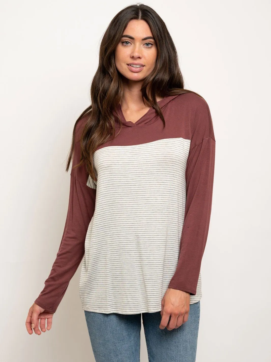 WOMEN'S LONG SLEEVE COLOR BLOCK HOODIE TOP