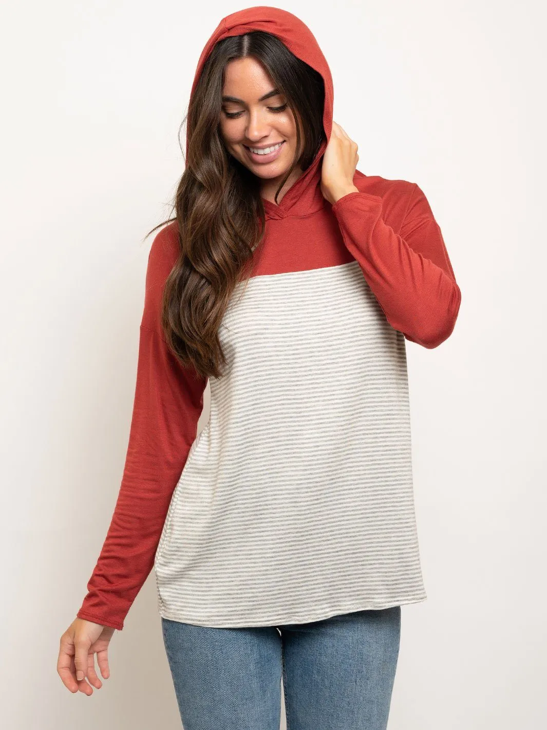 WOMEN'S LONG SLEEVE COLOR BLOCK HOODIE TOP
