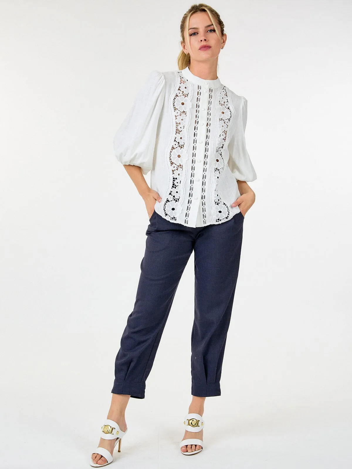 WOMEN'S LONG SLEEVE CROCHET DETAILED BLOUSE