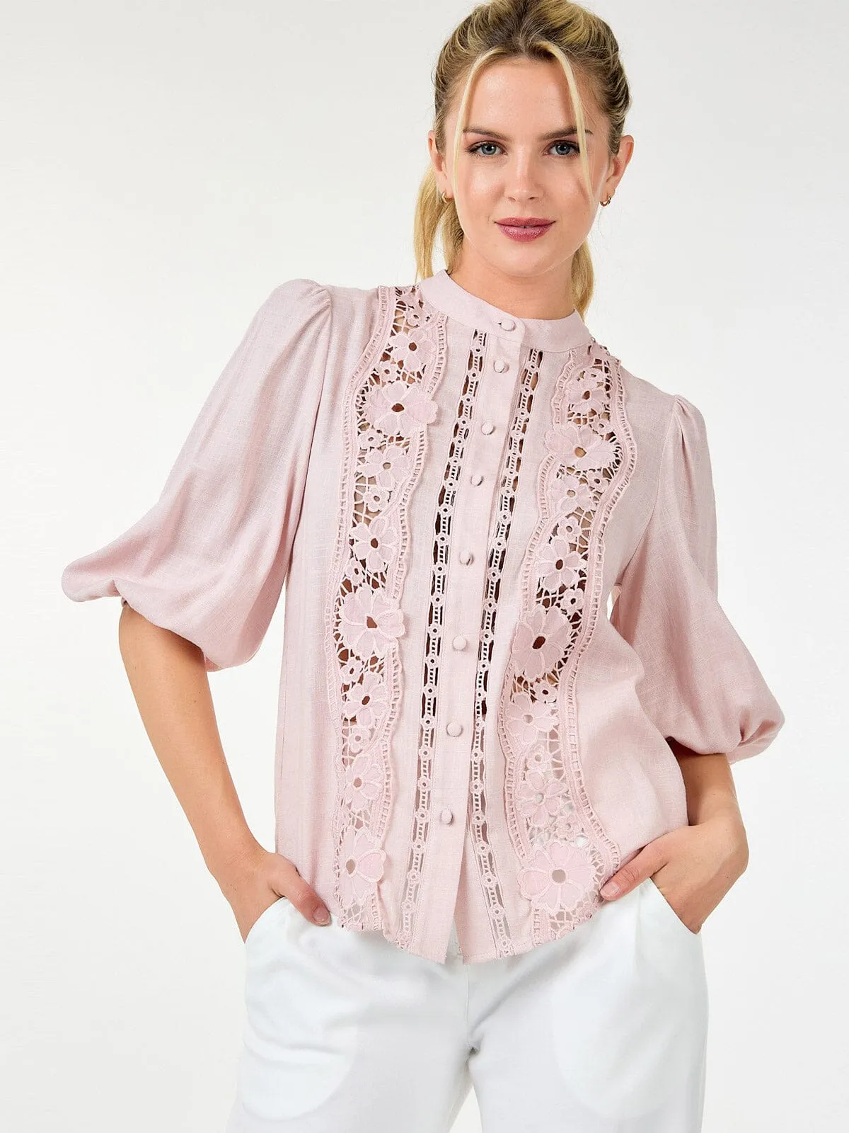 WOMEN'S LONG SLEEVE CROCHET DETAILED BLOUSE