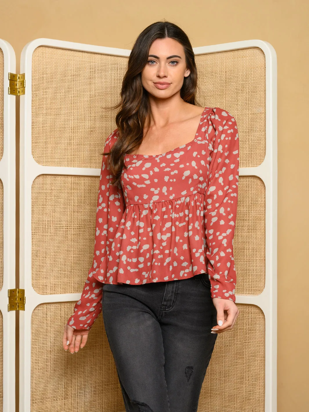 WOMEN'S LONG SLEEVE DOT SQUARE NECKLINE PRINT TOP